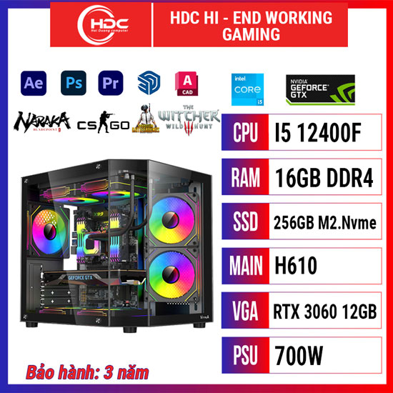 PC HDC HI-END-WORKING GAMING CPU Intel i5 12400F – RAM 16GB DDR4 – SSD 256GB – MAIN H610 - VGA RTX 3060 12GB